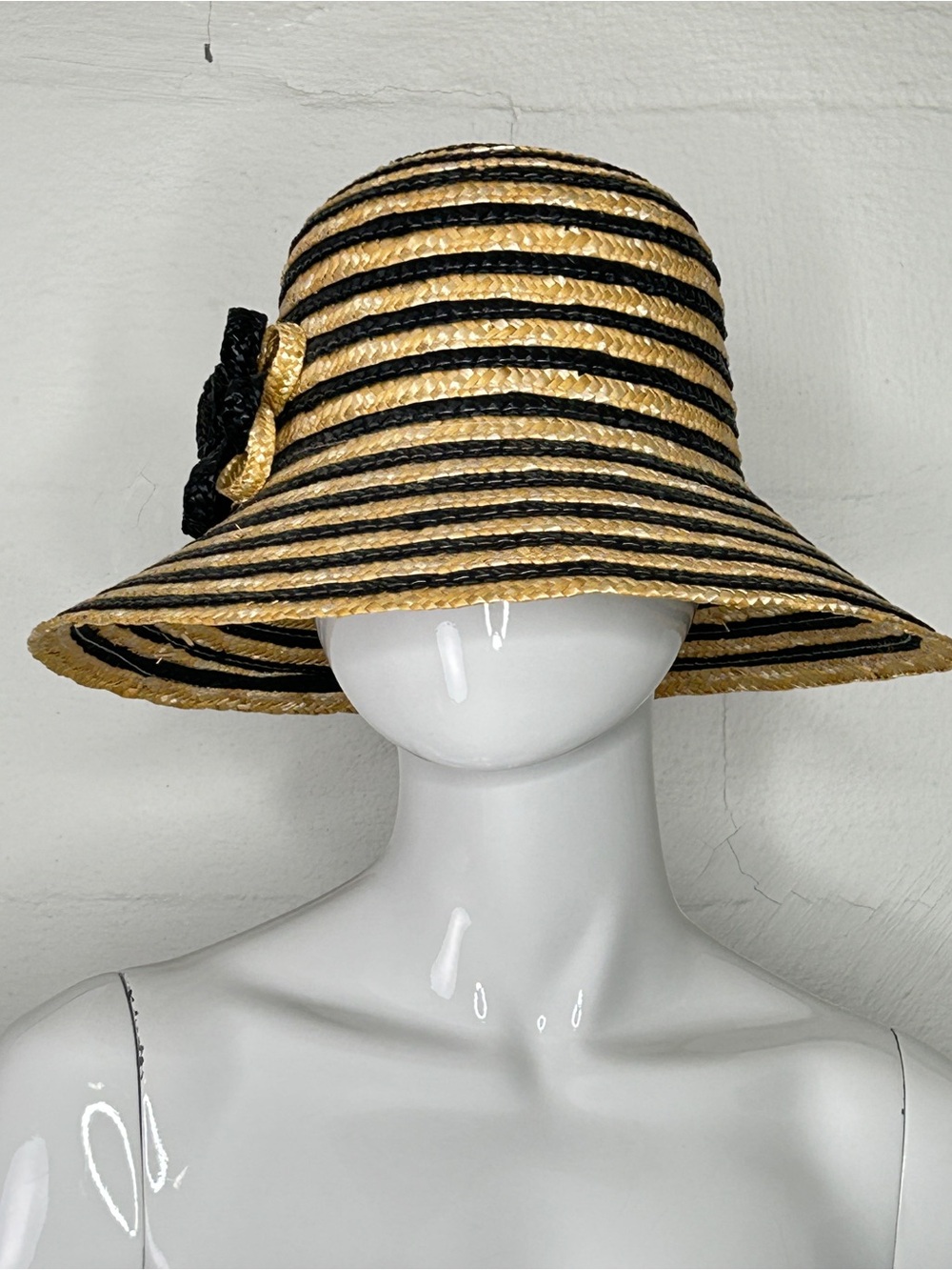 Magid Hat Straw Beige Black Stripe with Flower Sun Beach Bucket Hat